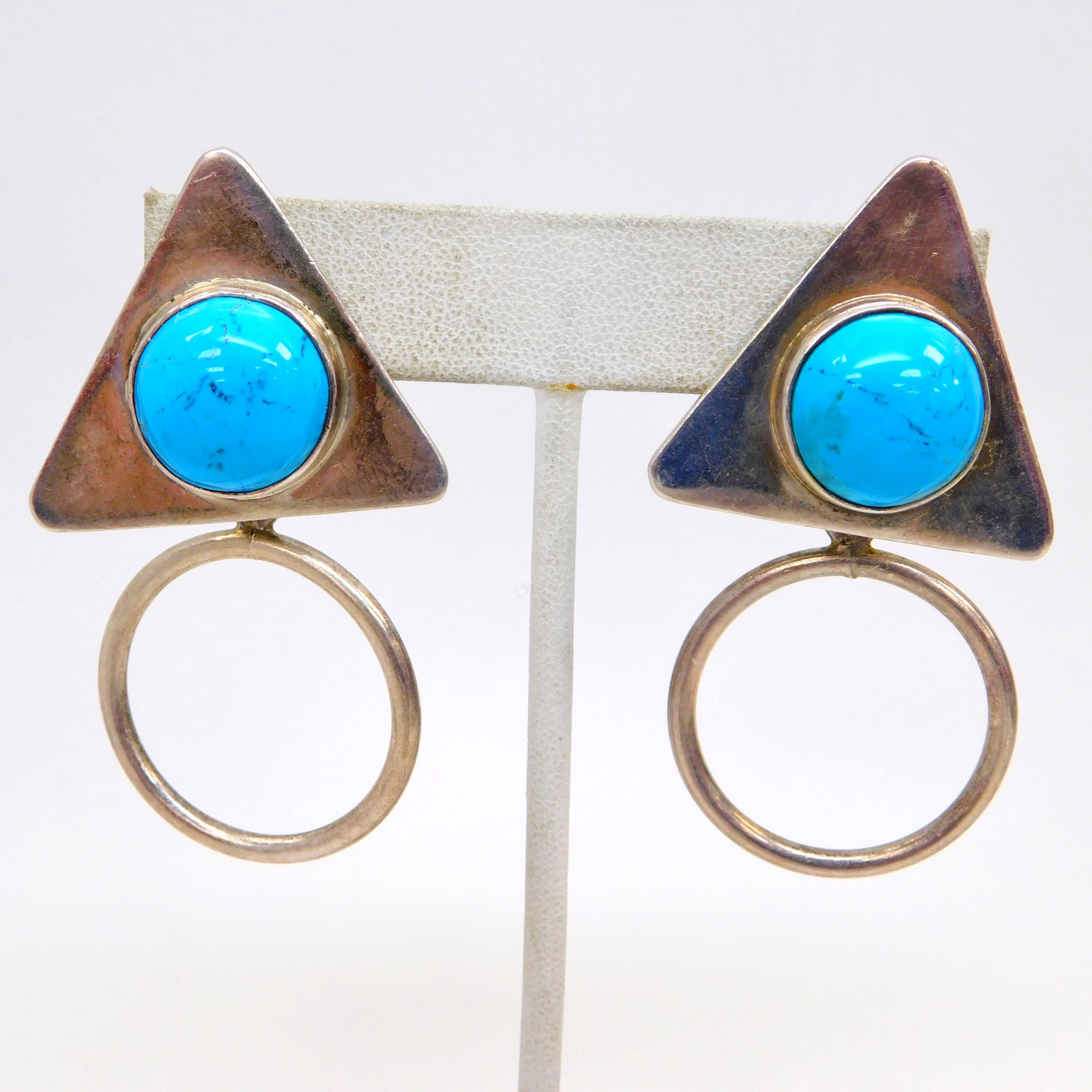 Mexican .925 Carved Turquoise Fish Modernist Earrings